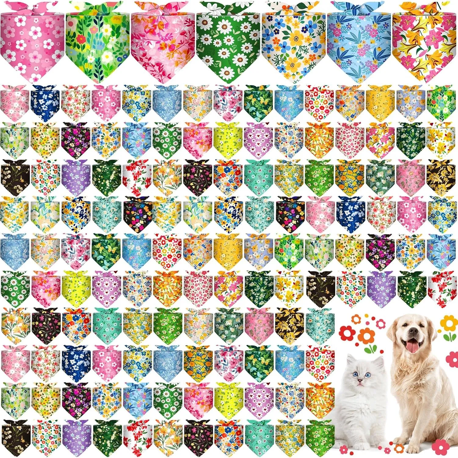200 Pcs Dog Bandana Bulk Spring Summer Hawaii Pet Party Bandana Scarf Adjustable Puppy Kerchief Triangle Bibs Holiday Grooming Supplies for Small Medium Dogs Cat Costume Accessory Outfit(Flower)