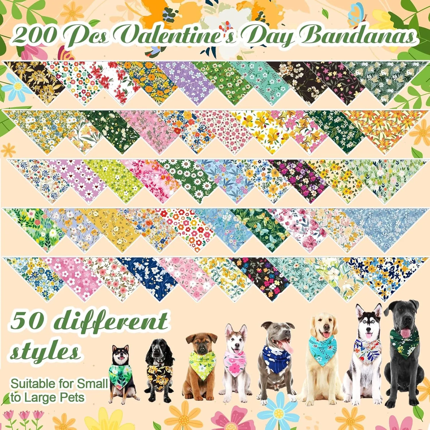 200 Pcs Dog Bandana Bulk Spring Summer Hawaii Pet Party Bandana Scarf Adjustable Puppy Kerchief Triangle Bibs Holiday Grooming Supplies for Small Medium Dogs Cat Costume Accessory Outfit(Flower)