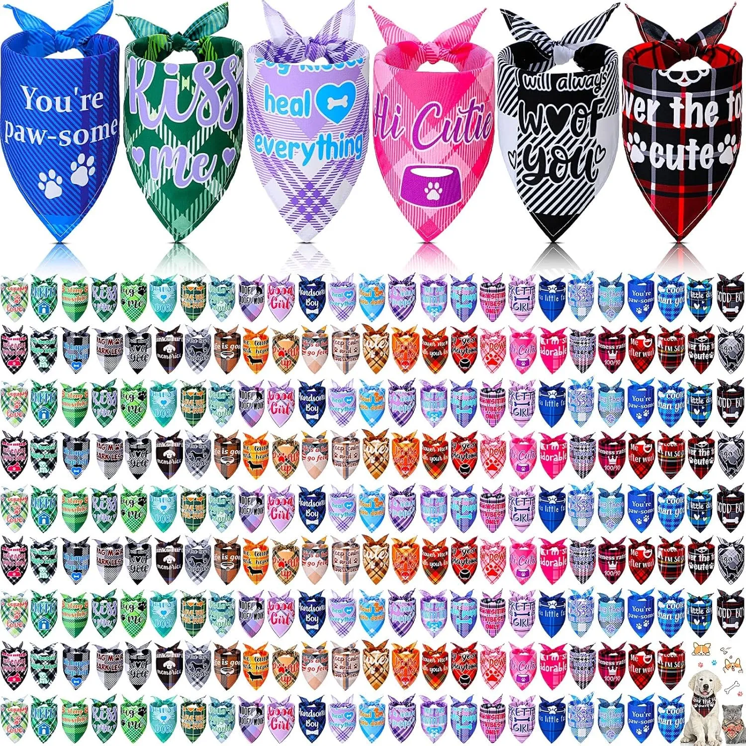 200 Pcs Dog Bandana Bulk Summer Plaid Grooming Pet Bandanas with Cute Sayings for Small to Large Dog Puppy Scarf Spring Holiday Costume Birthday Supplies for Small to Large Cats(Adorable Style)