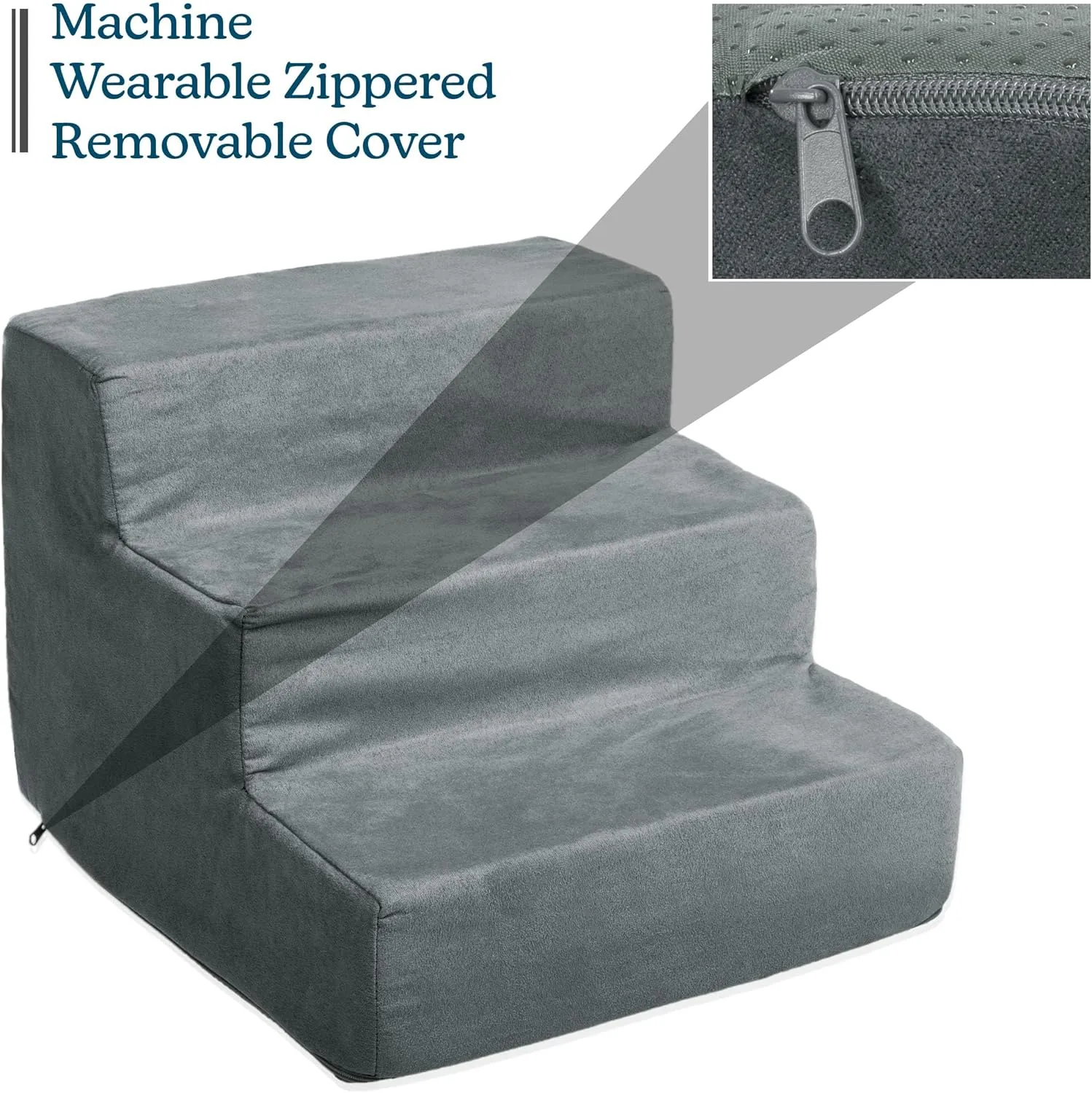3-Step Pet Stairs - Nonslip Foam Dog and Cat Steps with Removable Zippered Microfiber Cover - Designed for Home or Vehicle Use by PETMAKER (Gray)