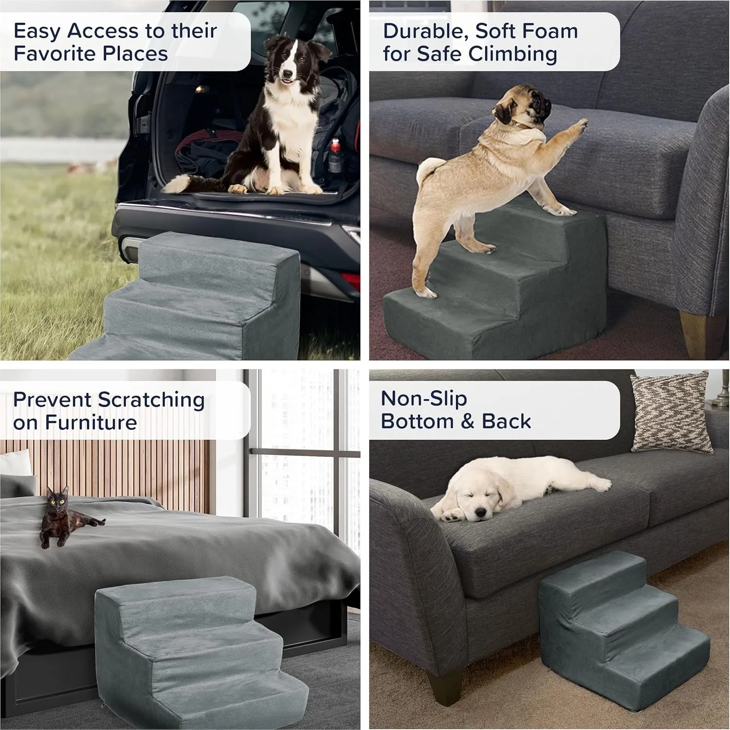 3-Step Pet Stairs - Nonslip Foam Dog and Cat Steps with Removable Zippered Microfiber Cover - Designed for Home or Vehicle Use by PETMAKER (Gray)