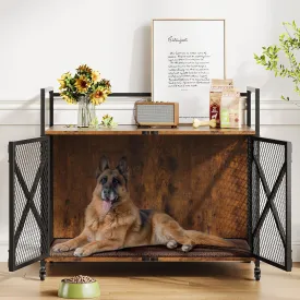 41 Inch Dog Crate Furniture, Heavy Duty Decorative Dog Cage with Lockable 360 Wheels, Double Door Dog Kennel End Table for for Small Medium Large Dog, Rustic Brown