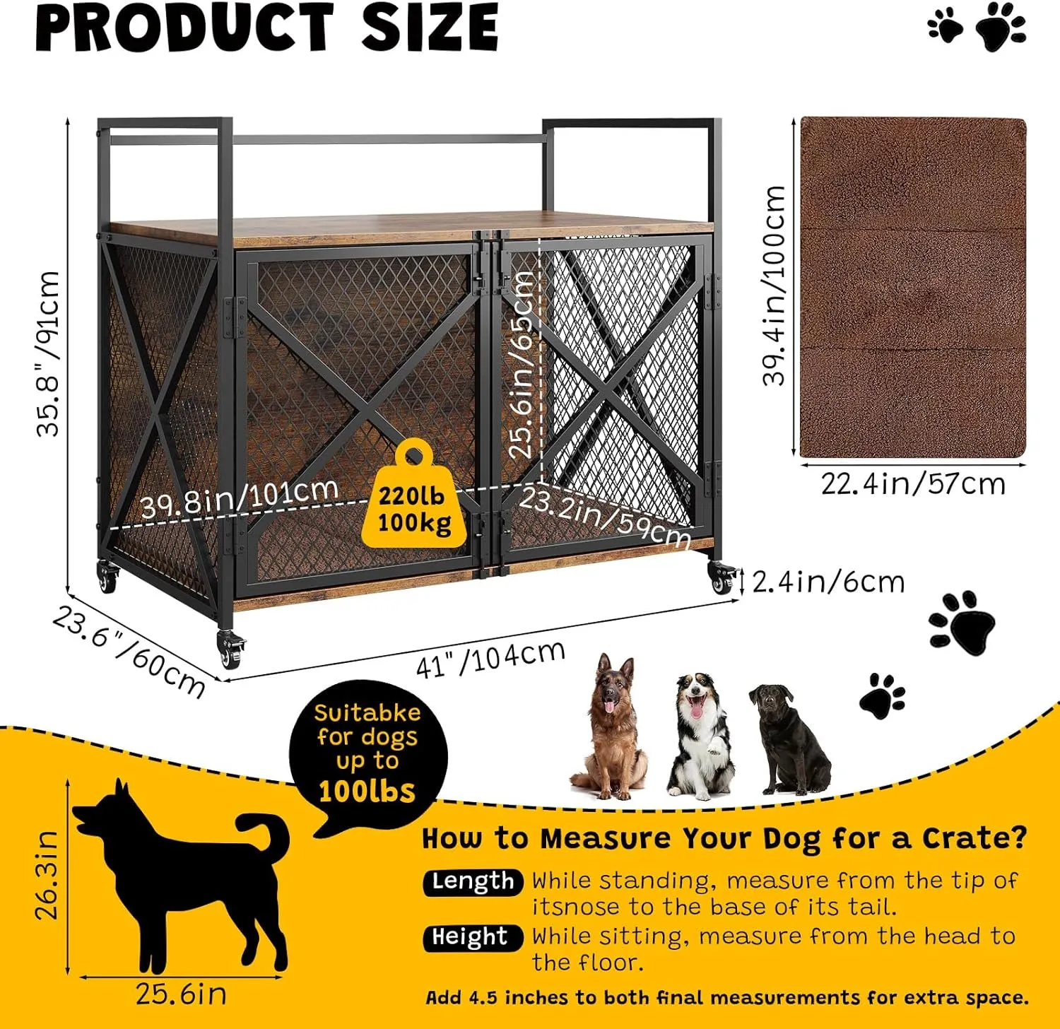 41 Inch Dog Crate Furniture, Heavy Duty Decorative Dog Cage with Lockable 360 Wheels, Double Door Dog Kennel End Table for for Small Medium Large Dog, Rustic Brown