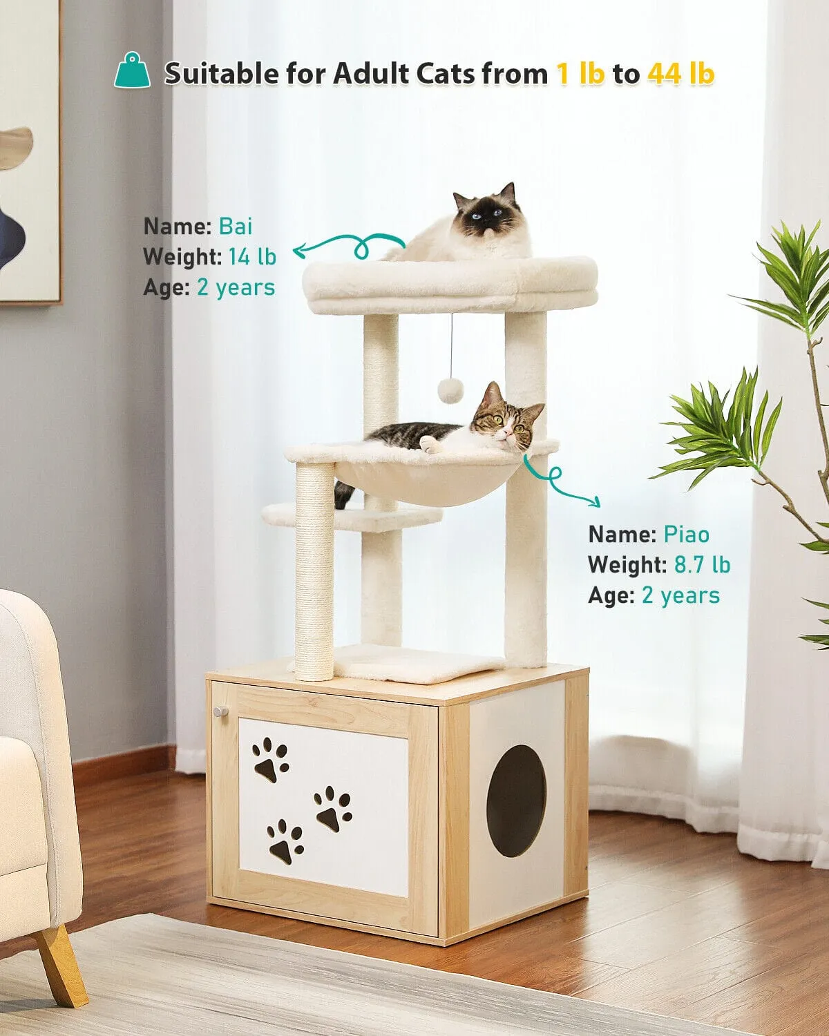 46.1" Cat Scratching Post / Tree / Pole with Litter Box Cupboard