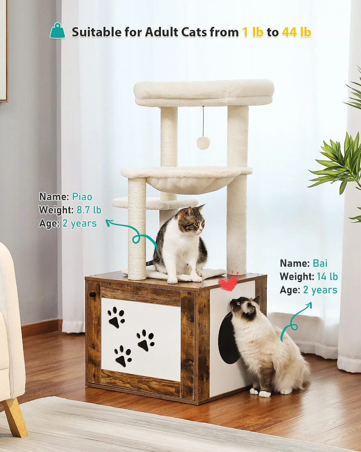 46.1" Cat Scratching Post / Tree / Pole with Litter Box Cupboard