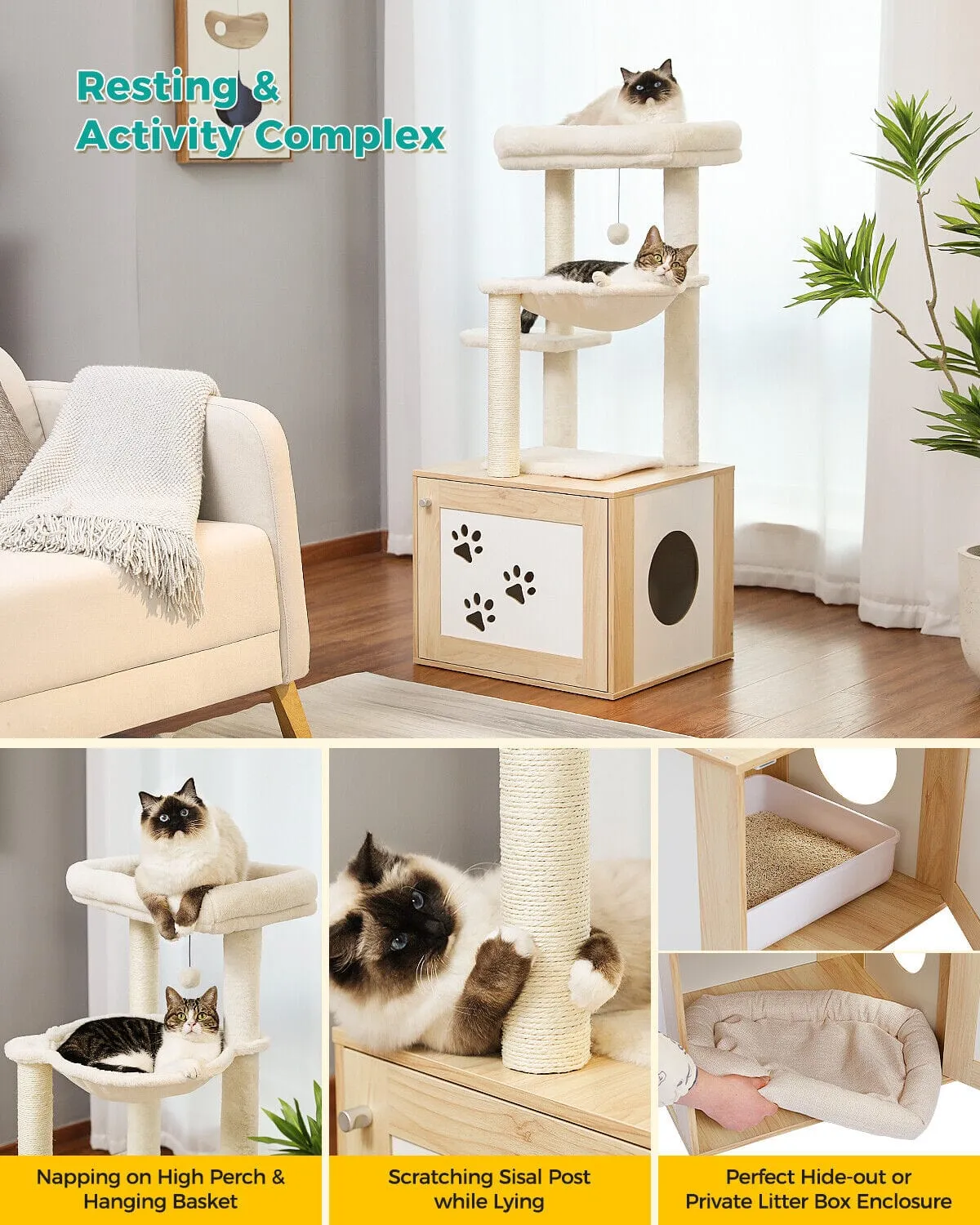 46.1" Cat Scratching Post / Tree / Pole with Litter Box Cupboard