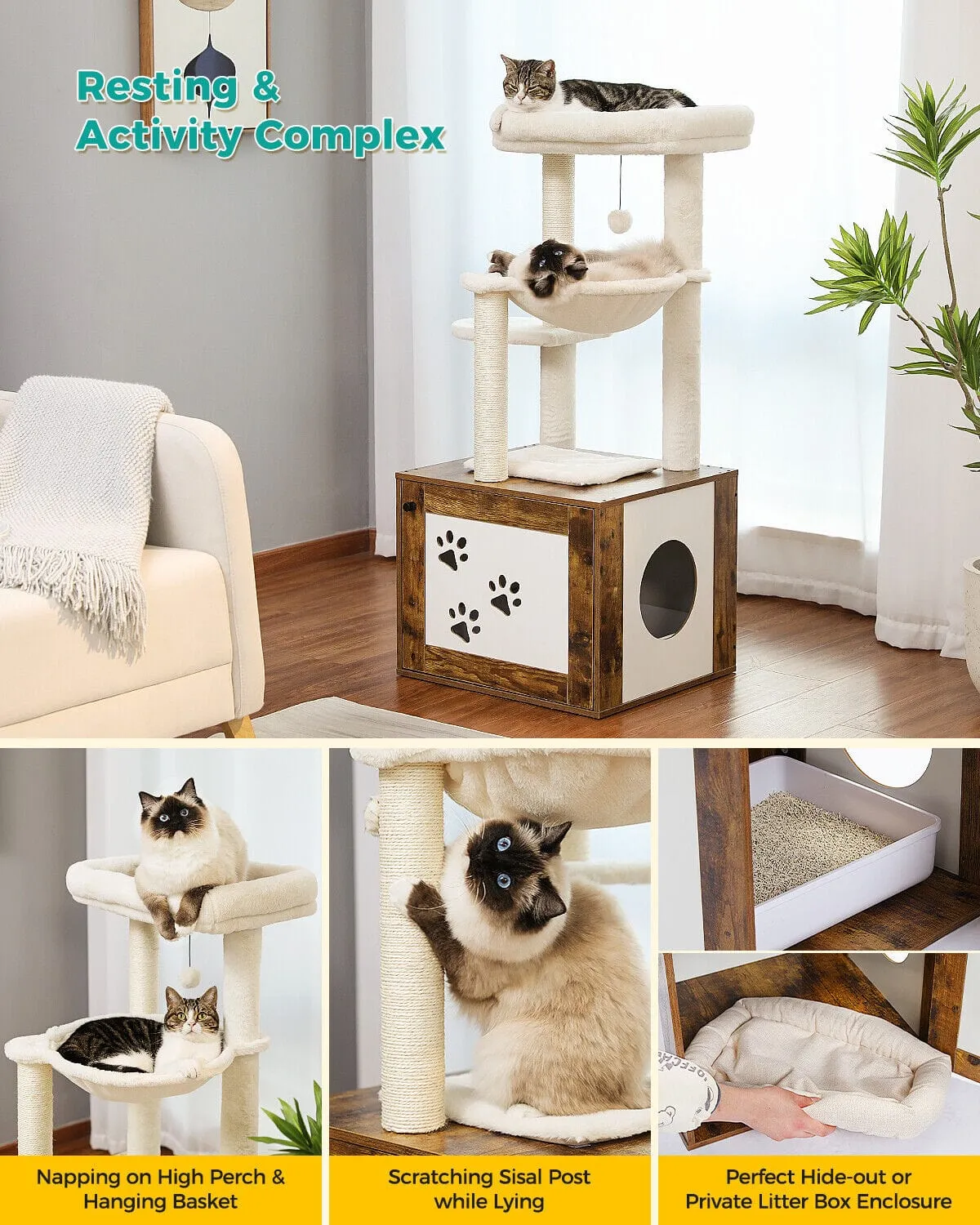 46.1" Cat Scratching Post / Tree / Pole with Litter Box Cupboard