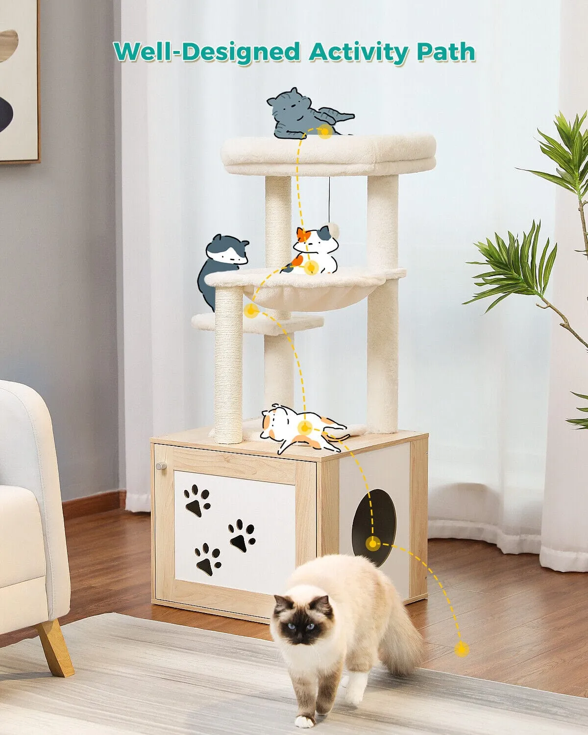 46.1" Cat Scratching Post / Tree / Pole with Litter Box Cupboard