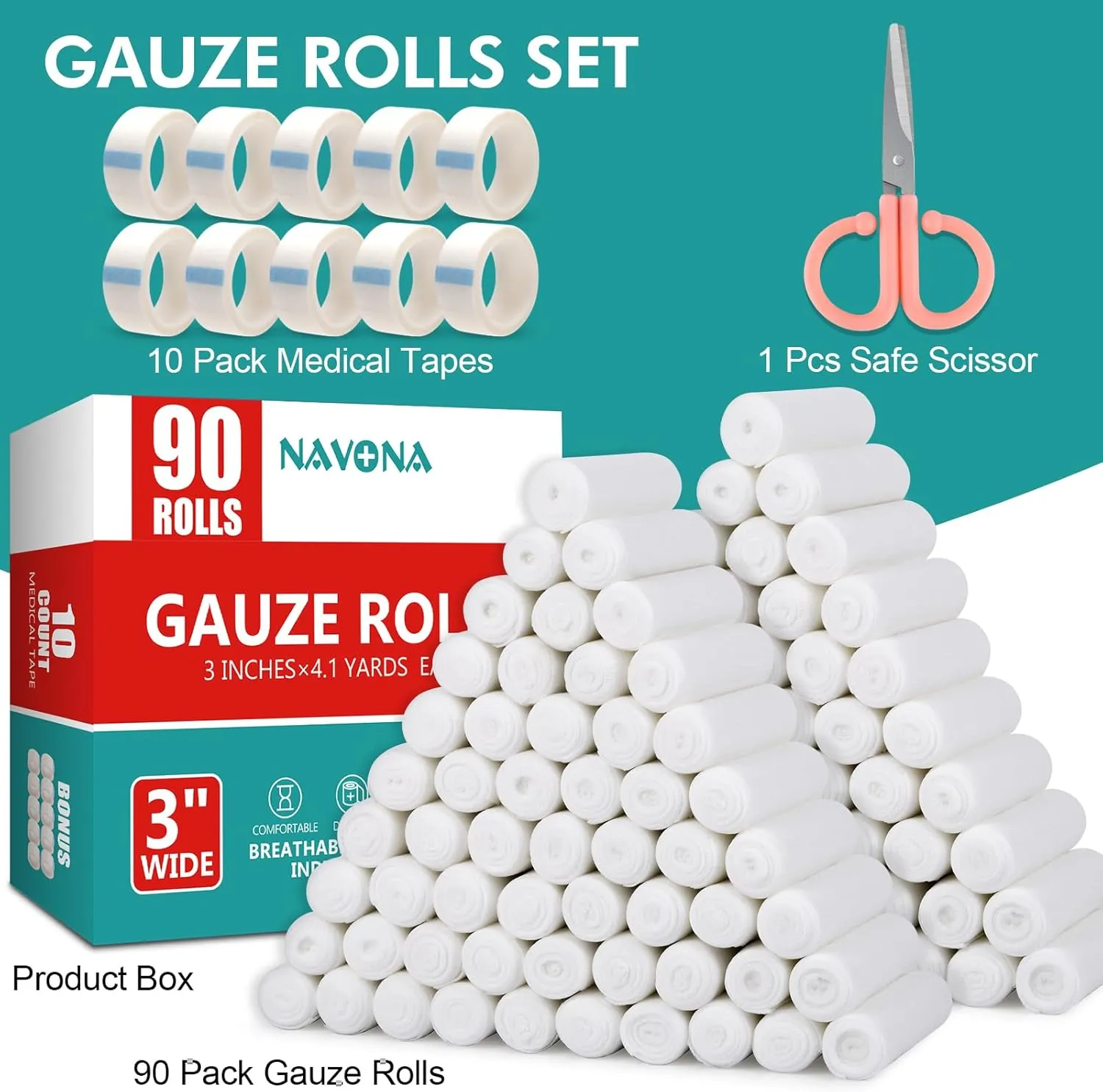 90 Pack Gauze Rolls Bandages, 3 in x 4.1 Yards, Individually Wrapped Breathable Rolled Gauze, Mummy Wraps, Premium First Aid Supplies & Medical Supplies for Wounds