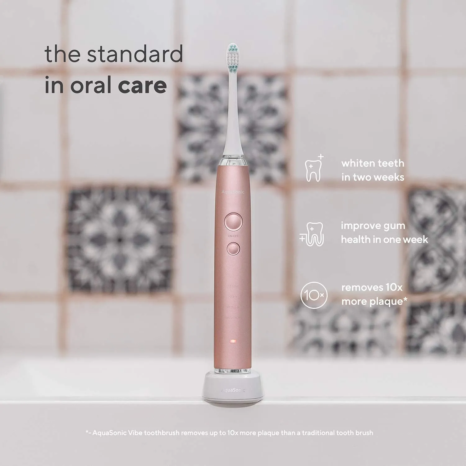 AquaSonic Vibe Series Ultra Whitening Toothbrush – ADA Accepted Electric Toothbrush - 8 Brush Heads & Travel Case - Ultra Sonic Motor & Wireless Charging - 4 Modes w Smart Timer – Satin Rose Gold