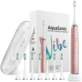 AquaSonic Vibe Series Ultra Whitening Toothbrush – ADA Accepted Electric Toothbrush - 8 Brush Heads & Travel Case - Ultra Sonic Motor & Wireless Charging - 4 Modes w Smart Timer – Satin Rose Gold