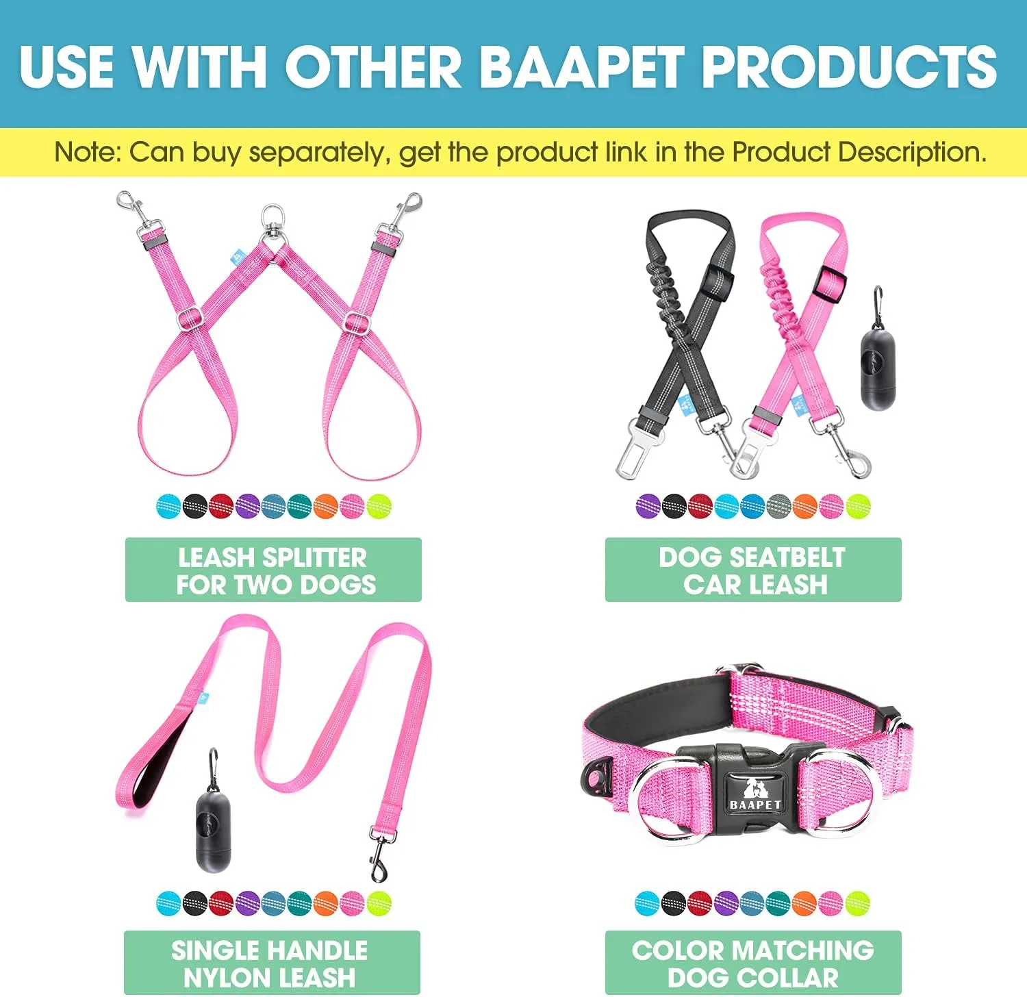 BAAPET Two Handle Dog Leash, Dual Soft Padded Handles with Traffic Control Handle Leash for Small Medium or Large Dogs (3/4'' x 5 FT, Pink)