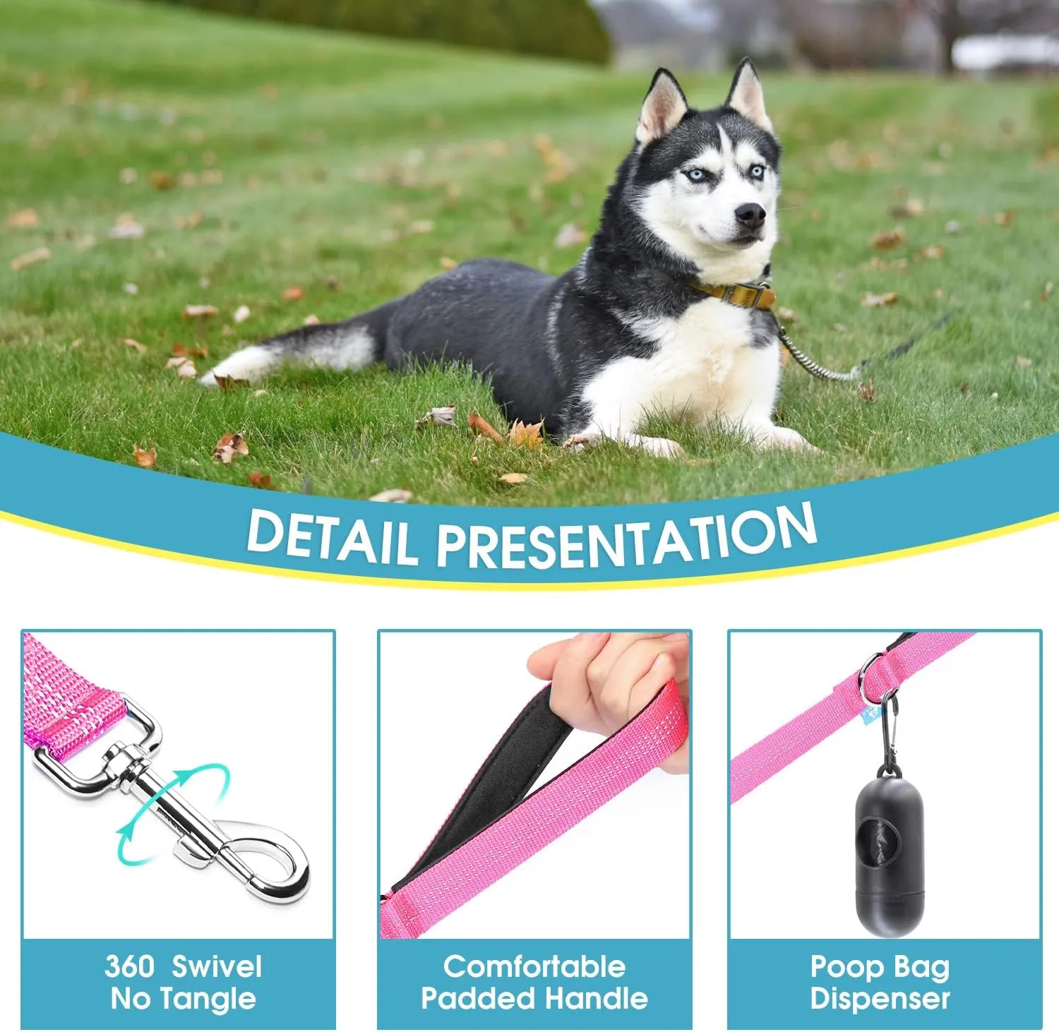 BAAPET Two Handle Dog Leash, Dual Soft Padded Handles with Traffic Control Handle Leash for Small Medium or Large Dogs (3/4'' x 5 FT, Pink)