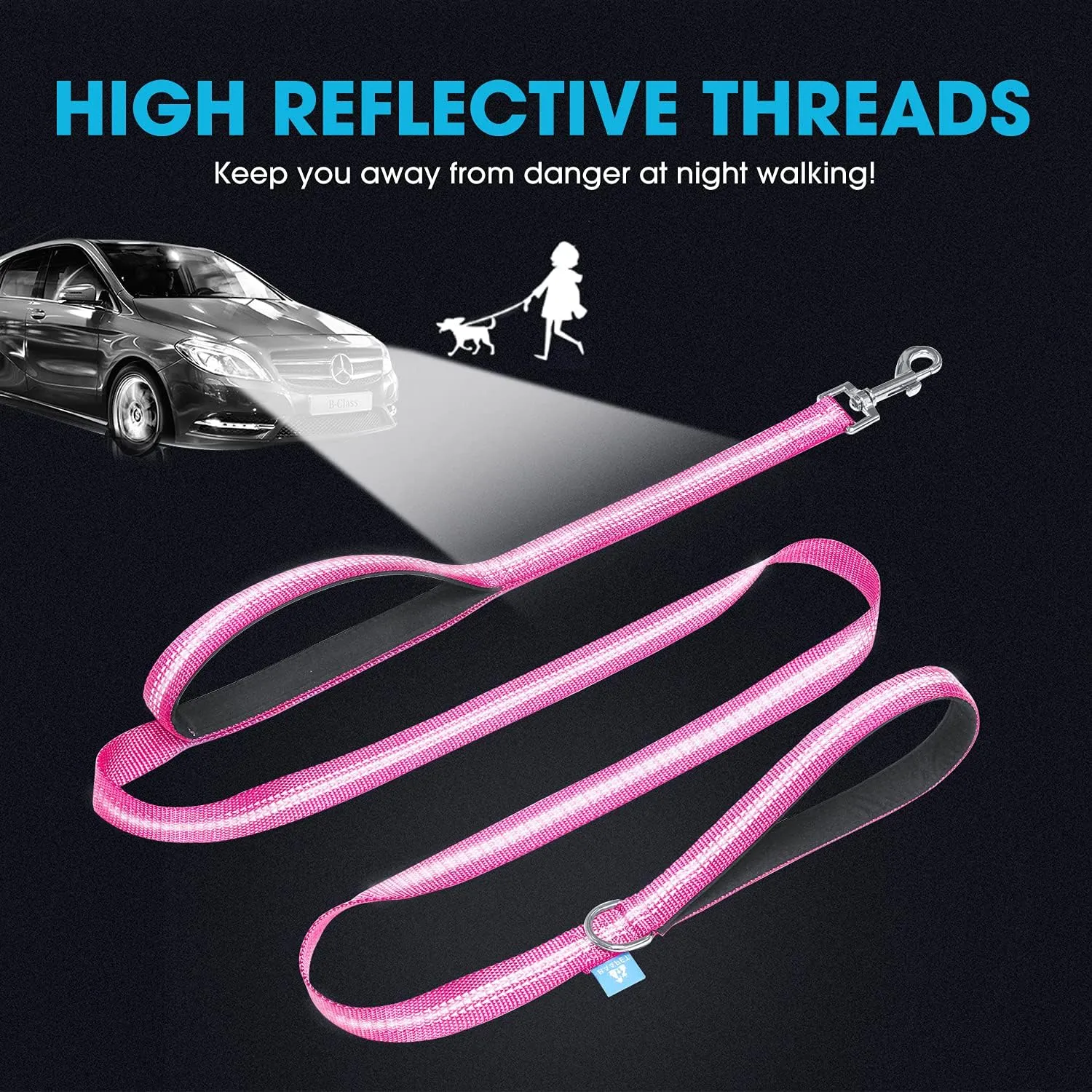 BAAPET Two Handle Dog Leash, Dual Soft Padded Handles with Traffic Control Handle Leash for Small Medium or Large Dogs (3/4'' x 5 FT, Pink)