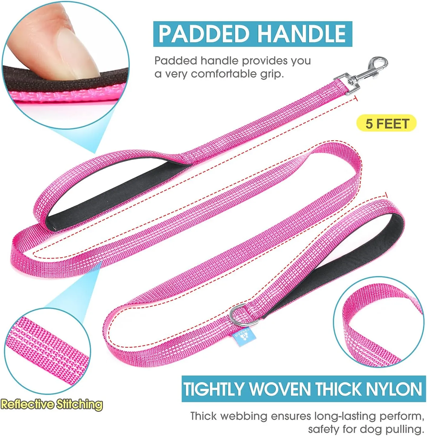 BAAPET Two Handle Dog Leash, Dual Soft Padded Handles with Traffic Control Handle Leash for Small Medium or Large Dogs (3/4'' x 5 FT, Pink)