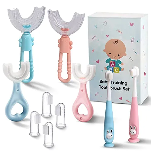 Baby Toddler Infant Toothbrush 6 to 12 Months and Up Age 1 2 3 1-2 2-4 Year Old, 10 in 1 Toothbrushes Gift Set with Soft Finger U-Shaped Brush Brushing Bristles for Newborns Kids Children Child