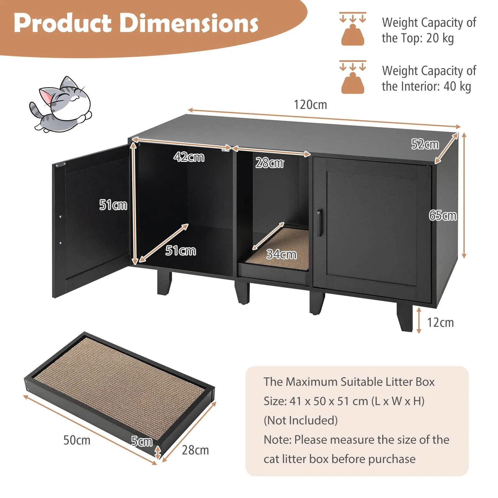 Cat Litter Box Enclosure with Scratching Board-Black