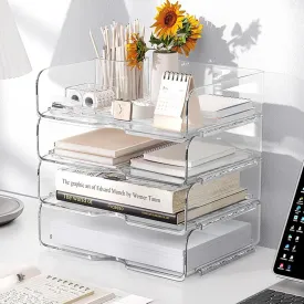 Clear Stackable Paper Trays 4 Pack, Letter Tray Desk Organizer, Desktop Organizers and Storage for Books, Magazines, Folders, A4 Size File Paper, Office Supplies