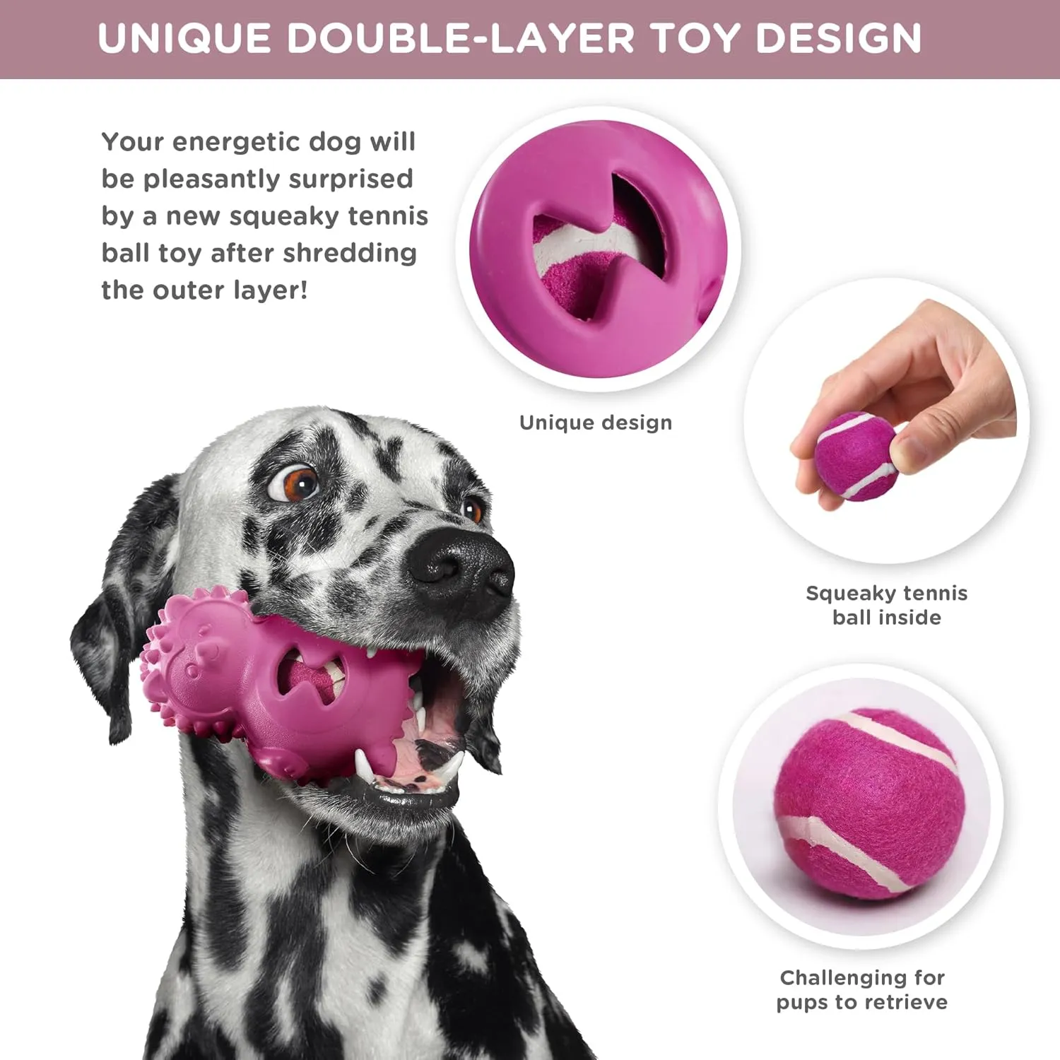 Codi Dog Chew Toys - Funny Interactive Dog Toys with a Tennis Ball, Tough Durable Teething Rubber Dog Toys for Medium Dogs (Pink Hedgehog)