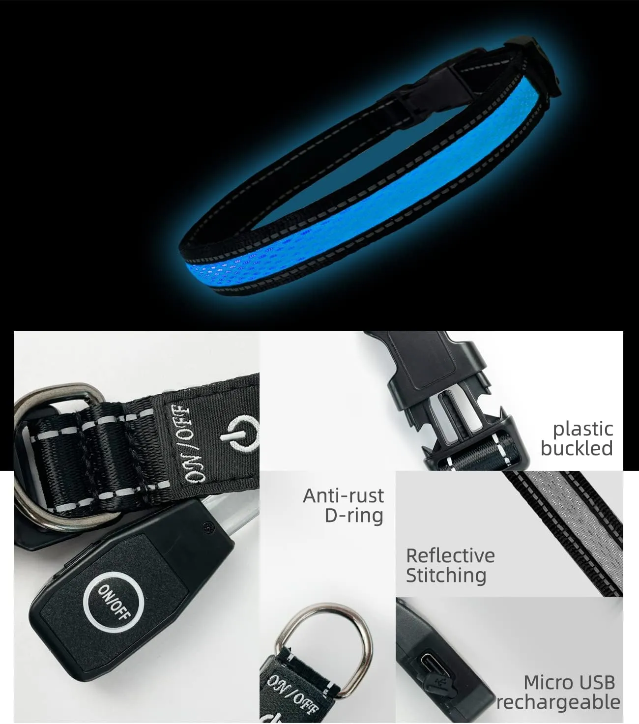 COMOIL Waterproof Led Dog Collar, USB Rechargeable Light Up Dog CollarAdjustable Fit Glow Collar for Walking, Jogging and Running at Nigh(Blue S)
