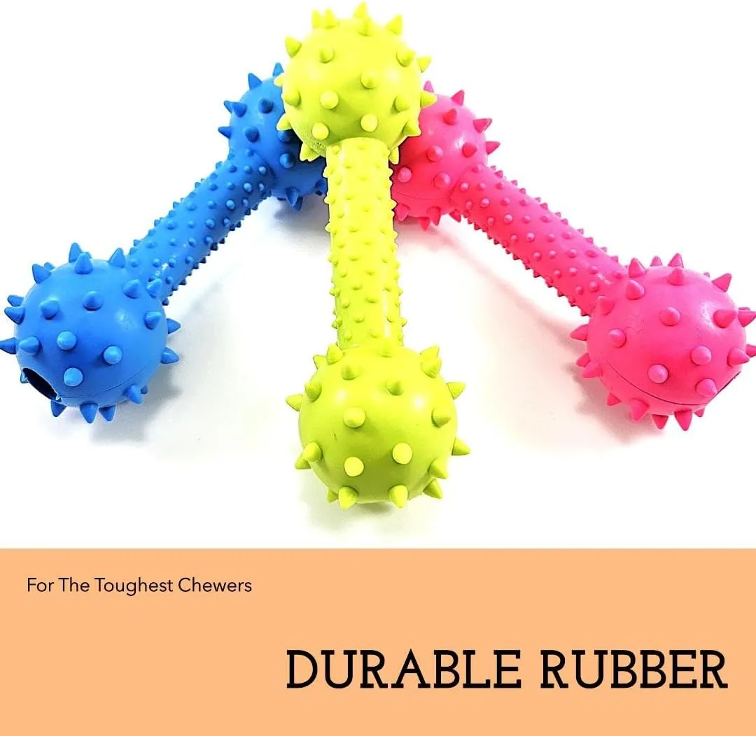 Dog Chew Toy Dumbbell, Durable Rubber, Lime Green, Blue, Pink, Playful, with Bell (Blue)