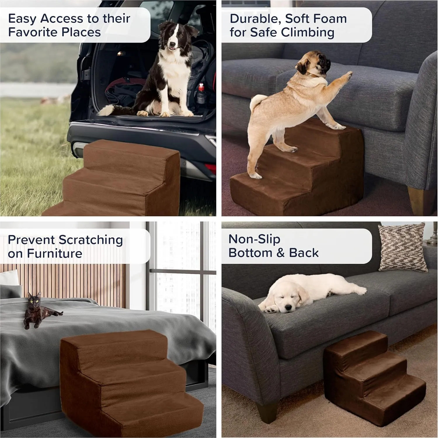 Dog Stairs for Small Dogs - 3-Step Dog Steps for High Bed and Couch - Pet Stairs with Nonslip Bottom, High-Density Foam, and Removable Washable Cover - Cat and Dog Furniture by PETMAKER (Brown)