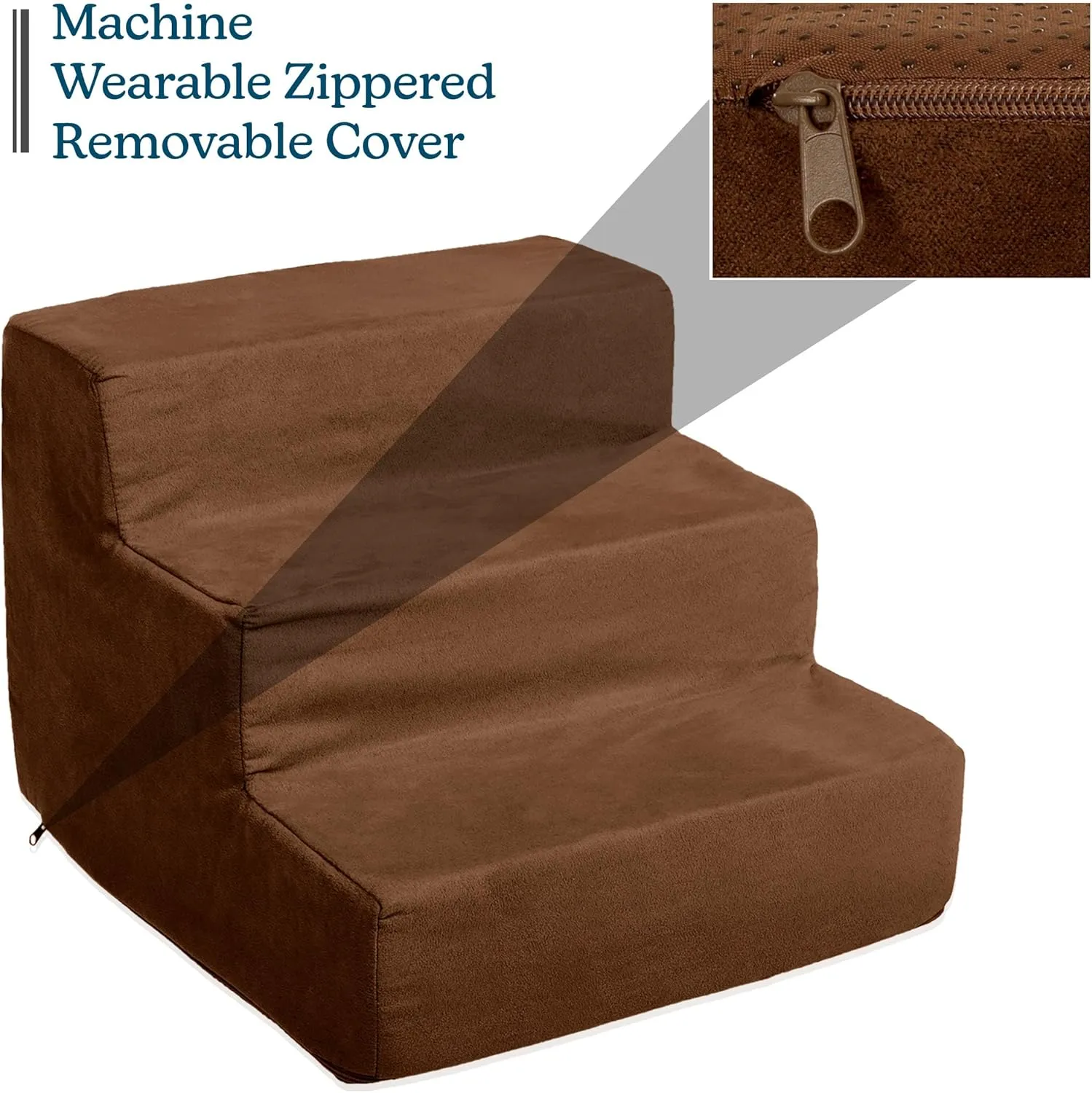 Dog Stairs for Small Dogs - 3-Step Dog Steps for High Bed and Couch - Pet Stairs with Nonslip Bottom, High-Density Foam, and Removable Washable Cover - Cat and Dog Furniture by PETMAKER (Brown)