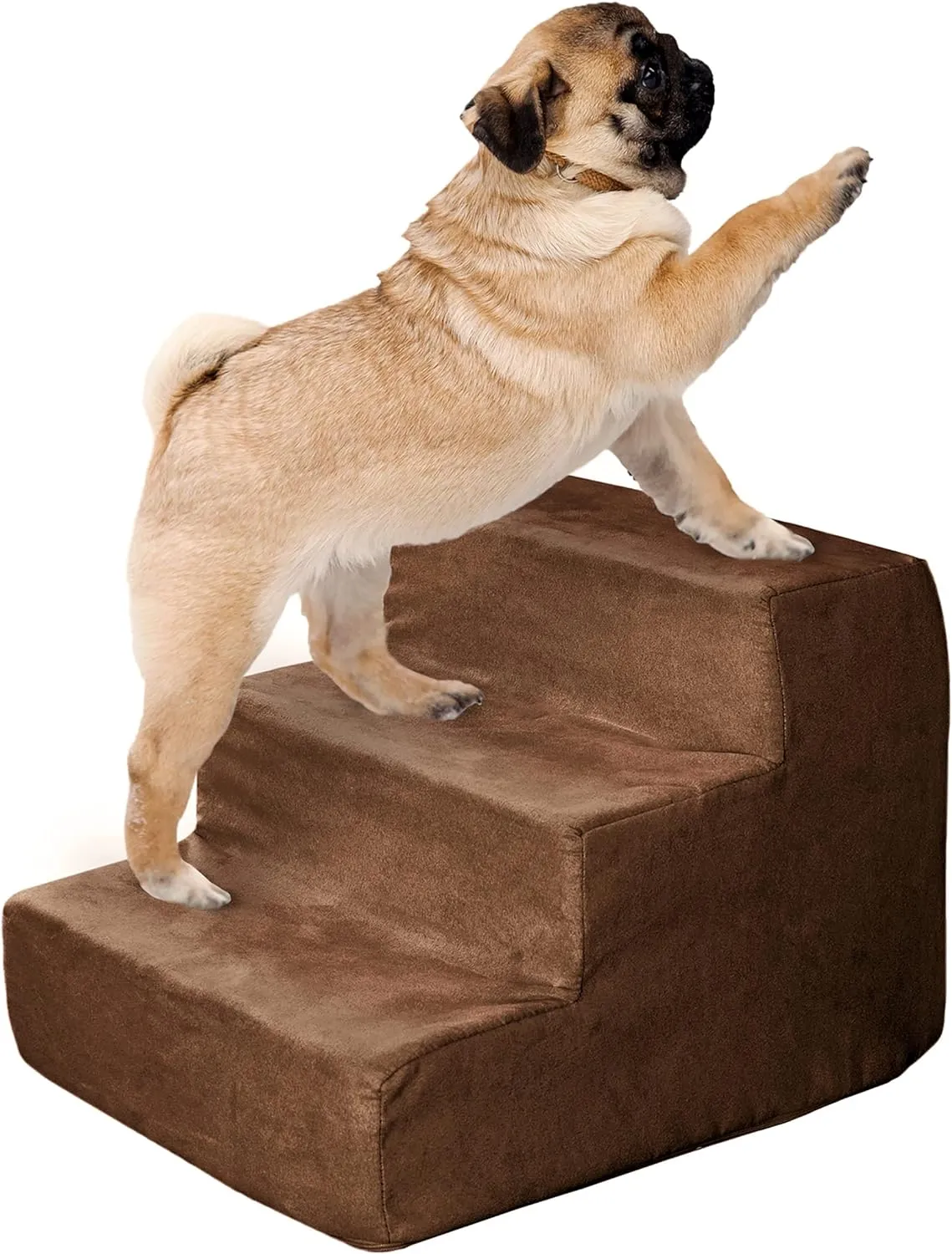 Dog Stairs for Small Dogs - 3-Step Dog Steps for High Bed and Couch - Pet Stairs with Nonslip Bottom, High-Density Foam, and Removable Washable Cover - Cat and Dog Furniture by PETMAKER (Brown)