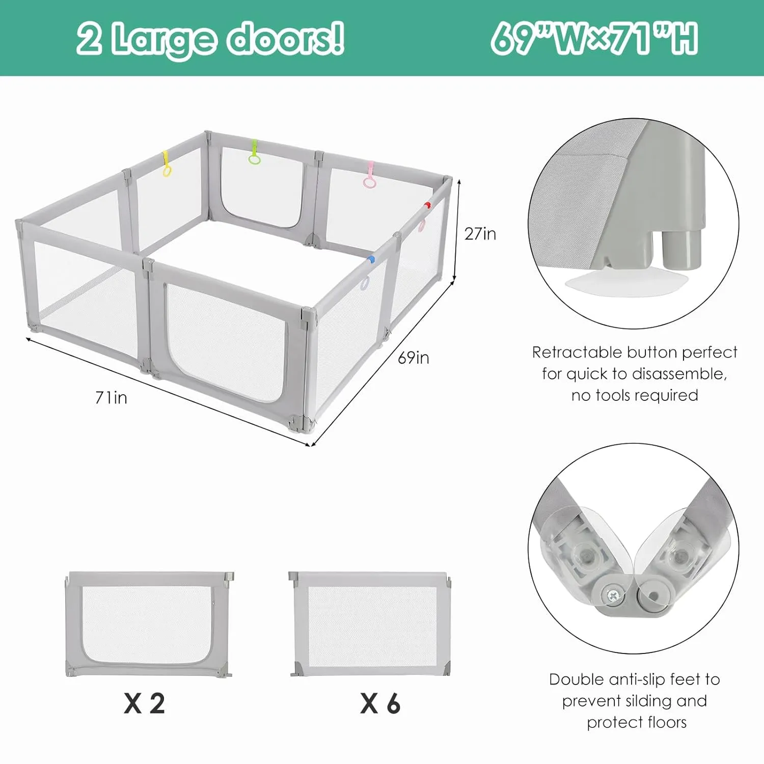 Dripex Foldable Baby Playpen, 71"69" Play Pens for Babies and Toddlers, Safe Anti-Fall Play Yard with Gates, Baby Fence with Breathable Mesh, Indoor & Outdoor Kids Activity Center, Pale Grey