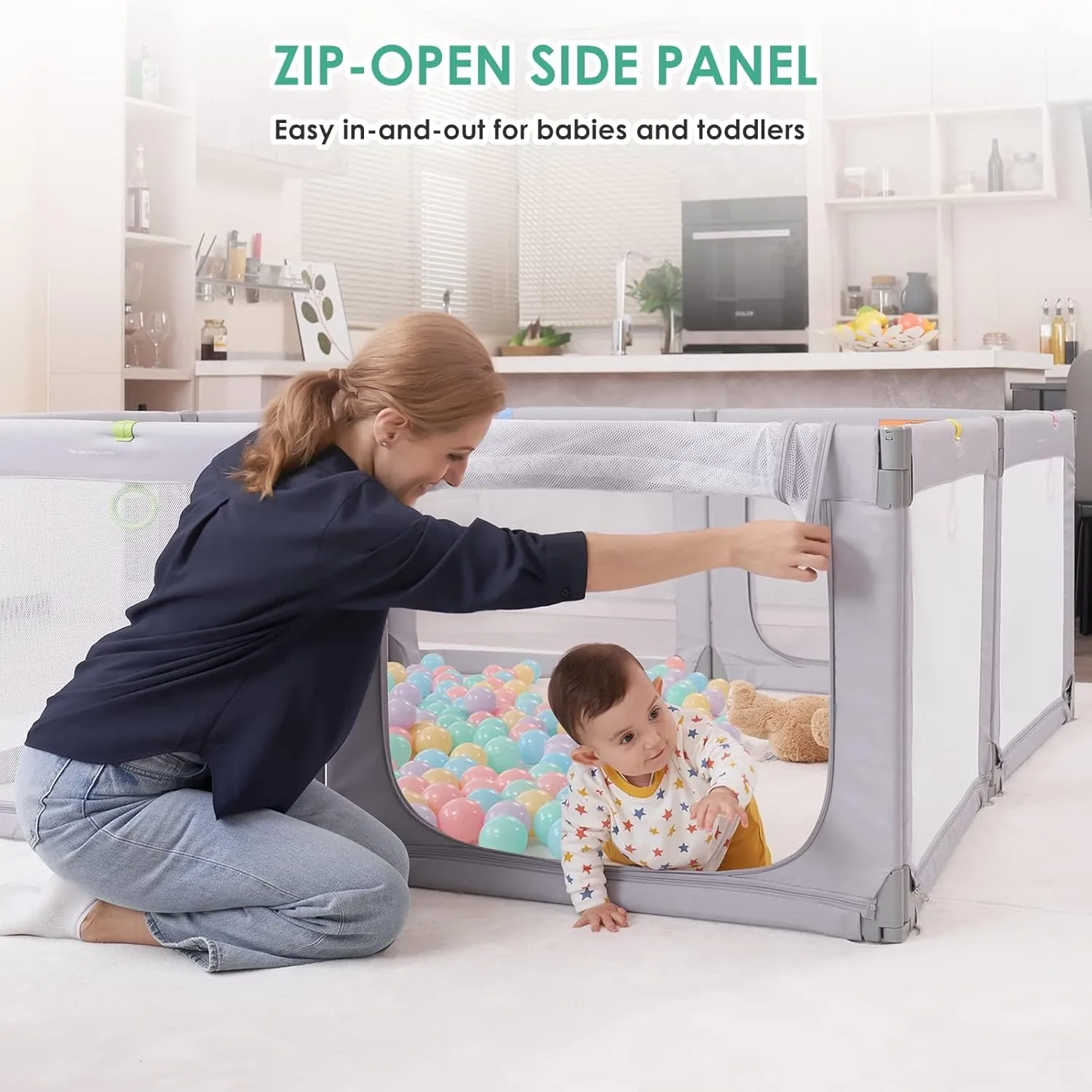 Dripex Foldable Baby Playpen, 71"69" Play Pens for Babies and Toddlers, Safe Anti-Fall Play Yard with Gates, Baby Fence with Breathable Mesh, Indoor & Outdoor Kids Activity Center, Pale Grey