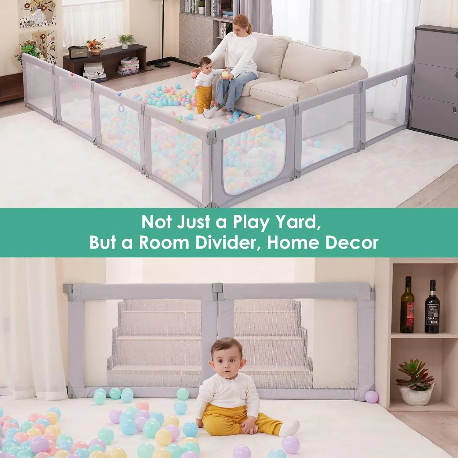 Dripex Foldable Baby Playpen, 71"69" Play Pens for Babies and Toddlers, Safe Anti-Fall Play Yard with Gates, Baby Fence with Breathable Mesh, Indoor & Outdoor Kids Activity Center, Pale Grey