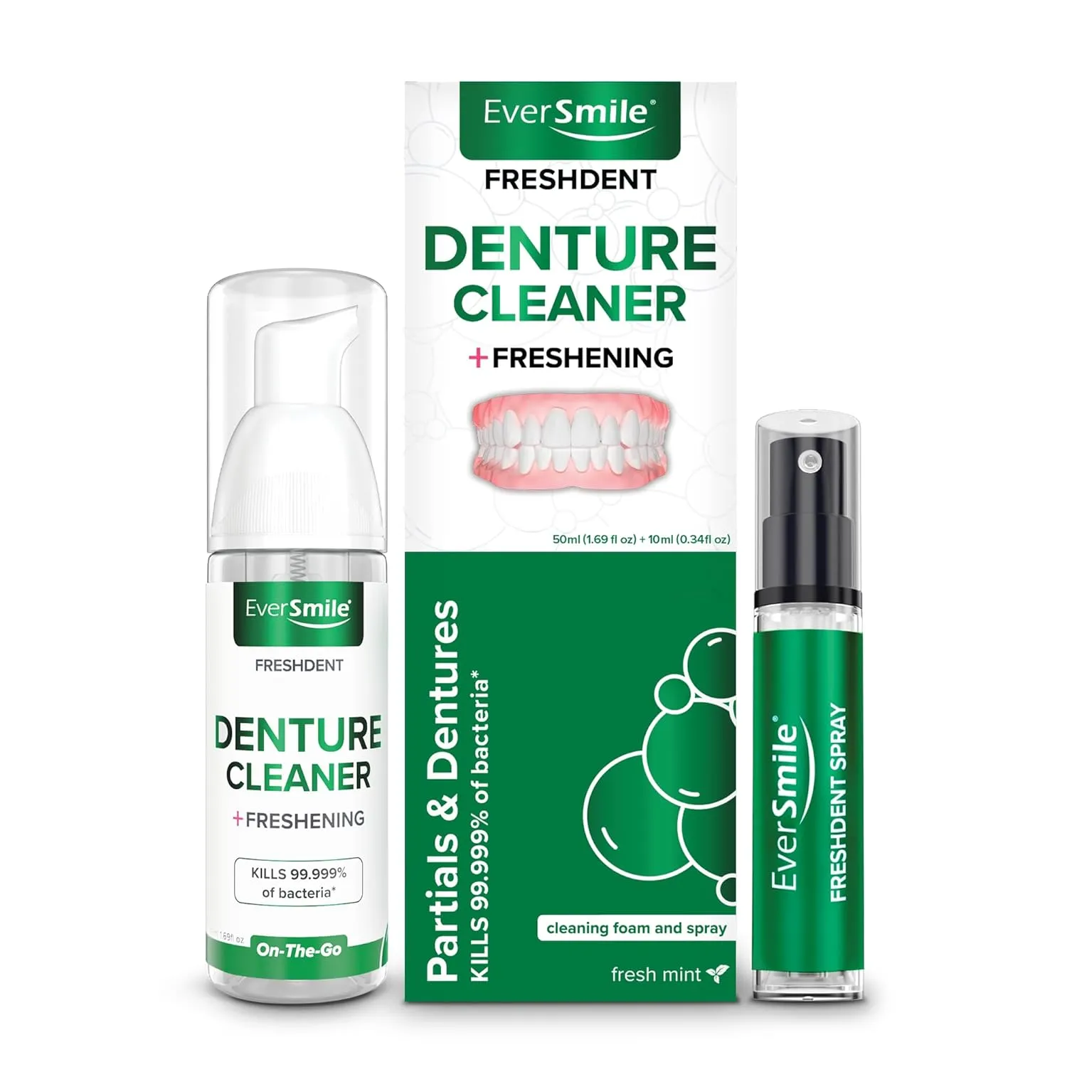 EverSmile FreshDent Denture and Partial Denture Cleaner   Teeth Whitening Spray  Travel Size Alternative to Cleaning Tablets That Eliminates Bacteria and Fights Bad Breath  50ml   10ml Pack