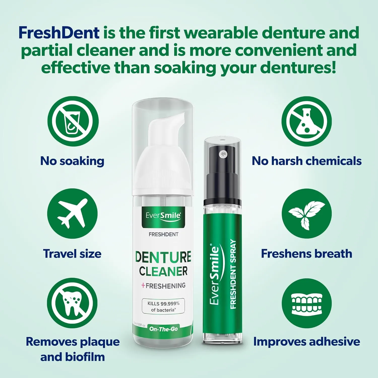EverSmile FreshDent Denture and Partial Denture Cleaner   Teeth Whitening Spray  Travel Size Alternative to Cleaning Tablets That Eliminates Bacteria and Fights Bad Breath  50ml   10ml Pack