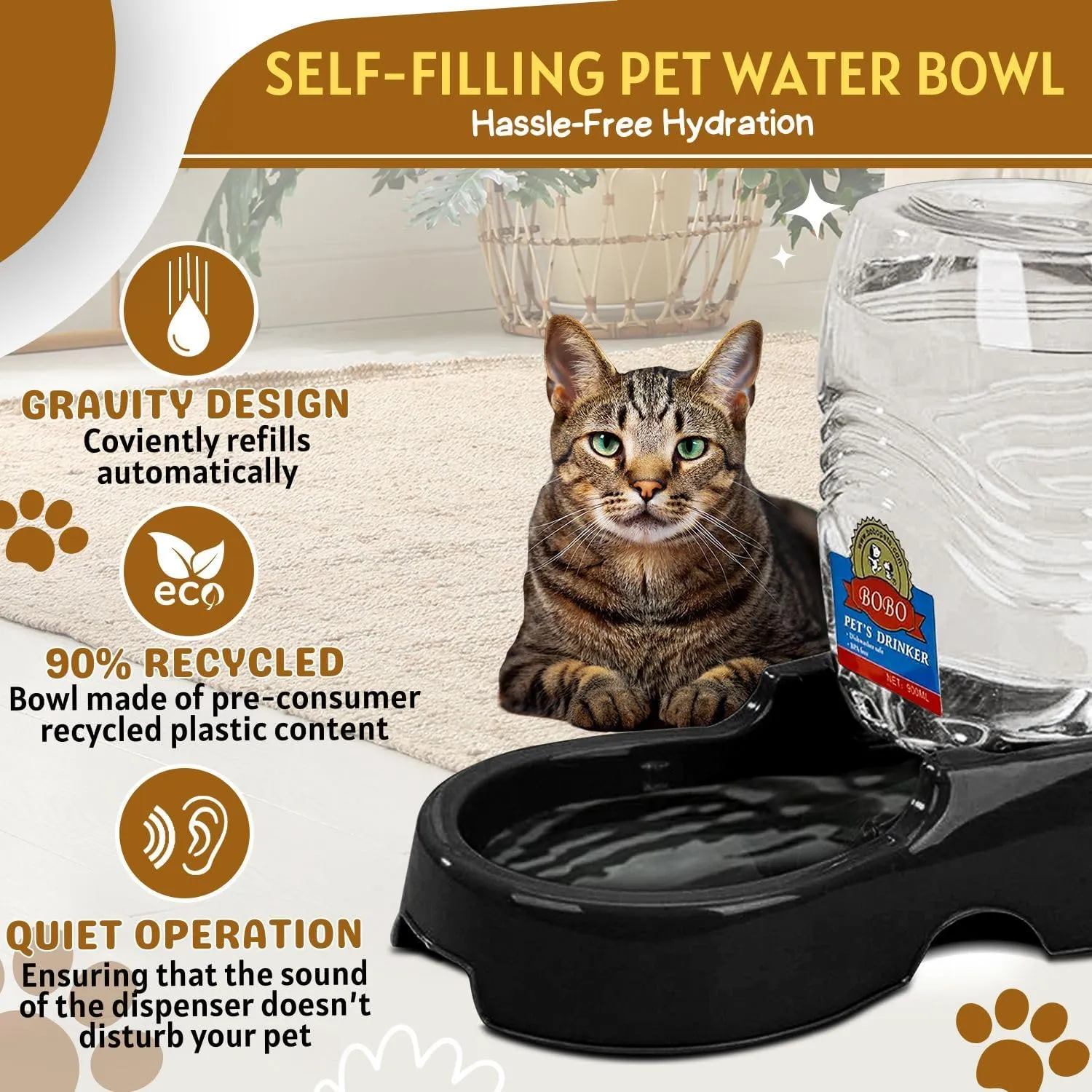 Flexzion Automatic Gravity Pet Waterer for Cat & Dog - Non-Skid & Easy-Clean Auto Replenish Water Dispenser Drinking Bowl (3/8 Gallon / 1.5L), Black