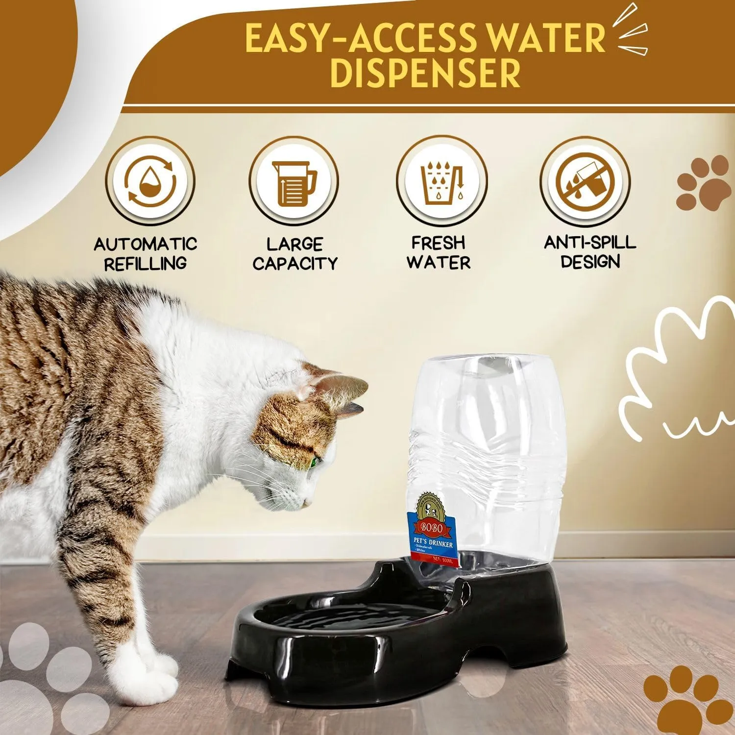 Flexzion Automatic Gravity Pet Waterer for Cat & Dog - Non-Skid & Easy-Clean Auto Replenish Water Dispenser Drinking Bowl (3/8 Gallon / 1.5L), Black