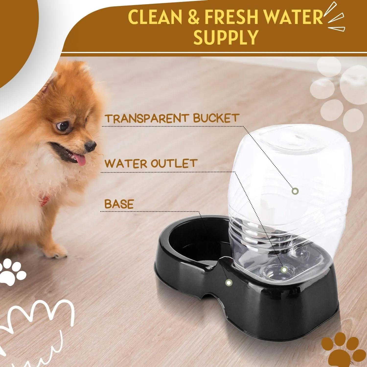 Flexzion Automatic Gravity Pet Waterer for Cat & Dog - Non-Skid & Easy-Clean Auto Replenish Water Dispenser Drinking Bowl (3/8 Gallon / 1.5L), Black