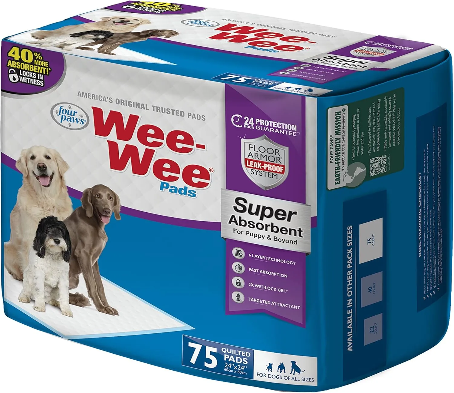 Four Paws Wee-Wee Super Absorbent Unscented Pee Pads for Dogs & Puppies with Insta-Rise Border, Leak-Proof Dog Housebreaking Potty Training Floor Protection, 24" x 24", 75 Count (Packaging May Vary)
