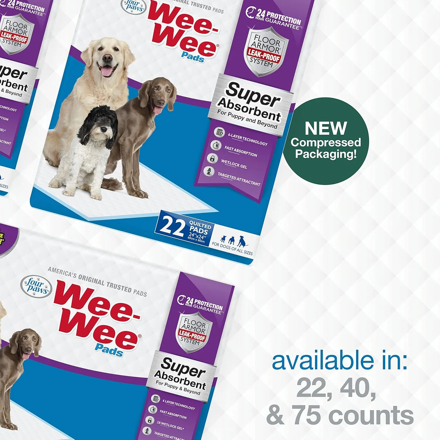 Four Paws Wee-Wee Super Absorbent Unscented Pee Pads for Dogs & Puppies with Insta-Rise Border, Leak-Proof Dog Housebreaking Potty Training Floor Protection, 24" x 24", 75 Count (Packaging May Vary)