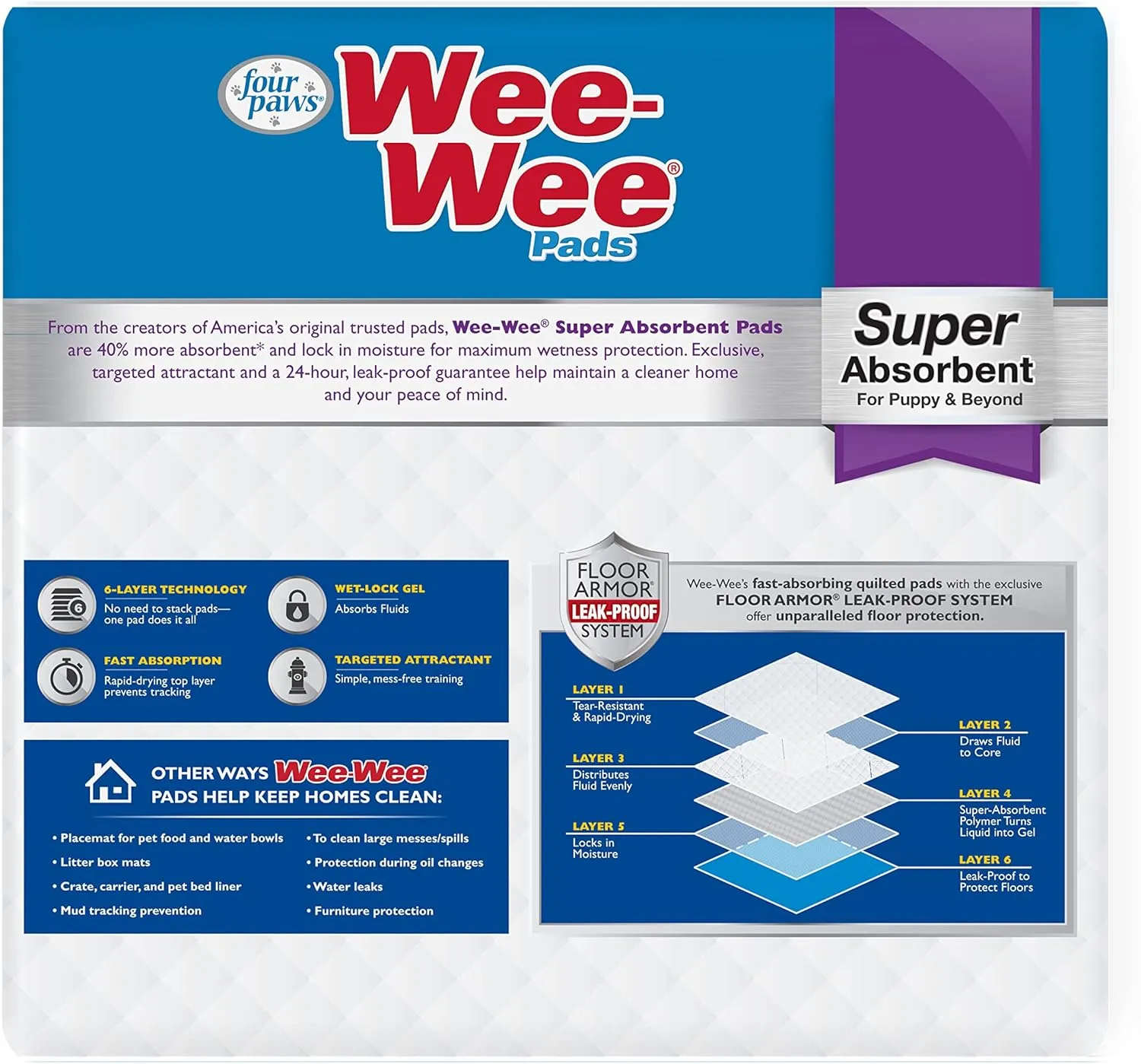 Four Paws Wee-Wee Super Absorbent Unscented Pee Pads for Dogs & Puppies with Insta-Rise Border, Leak-Proof Dog Housebreaking Potty Training Floor Protection, 24" x 24", 75 Count (Packaging May Vary)