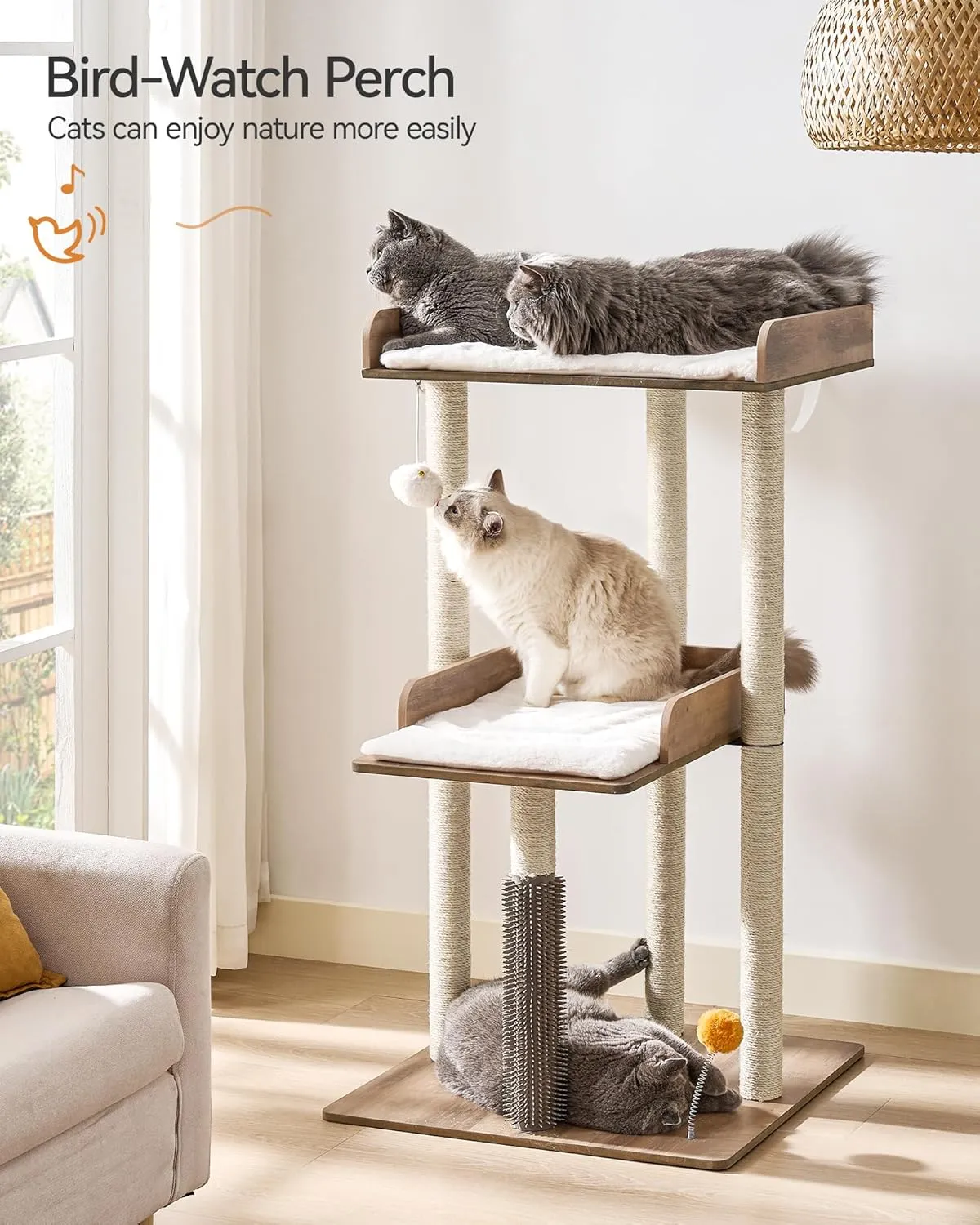 FourFurPets 43.7" Cat Tree, Modern Cat Tree Tower, Cat Tower for Indoor Cats Large Adult, Cat Condo with Scratching Post, Large Perch and Removable Pads, Greige