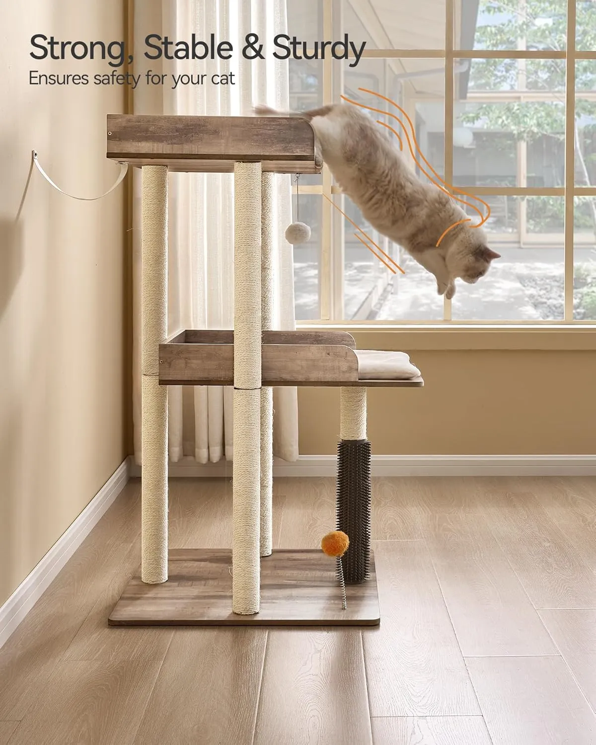 FourFurPets 43.7" Cat Tree, Modern Cat Tree Tower, Cat Tower for Indoor Cats Large Adult, Cat Condo with Scratching Post, Large Perch and Removable Pads, Greige
