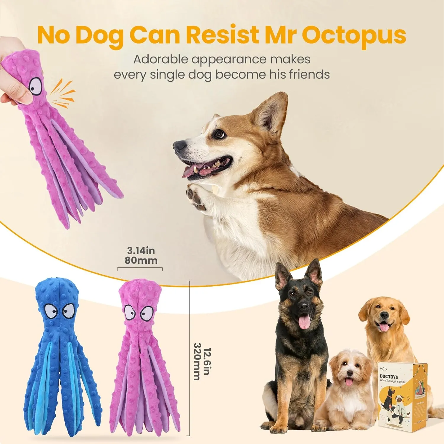 HGB Squeaky Dog Toys - Octopus No Stuffing Crinkle Plush Large Dog Toys to Keep Them Busy for Puppy Teething Chewing, Pet Supplies for Small, Medium, and Large Breeds, 2 Pack
