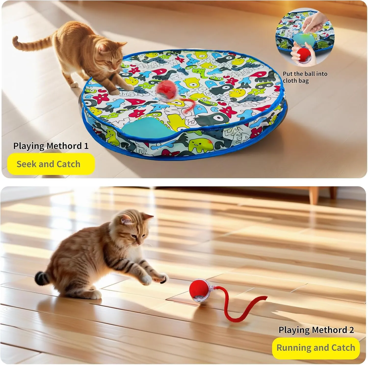 Interactive Cat Toy for Indoor Cat, Hide and Seek Cat Toy, Play Mat Toys with Self Rolling Ball in Pouch, Motion Activate&Buzzing, Rechargeable Pet Teaser Toy (Blue)