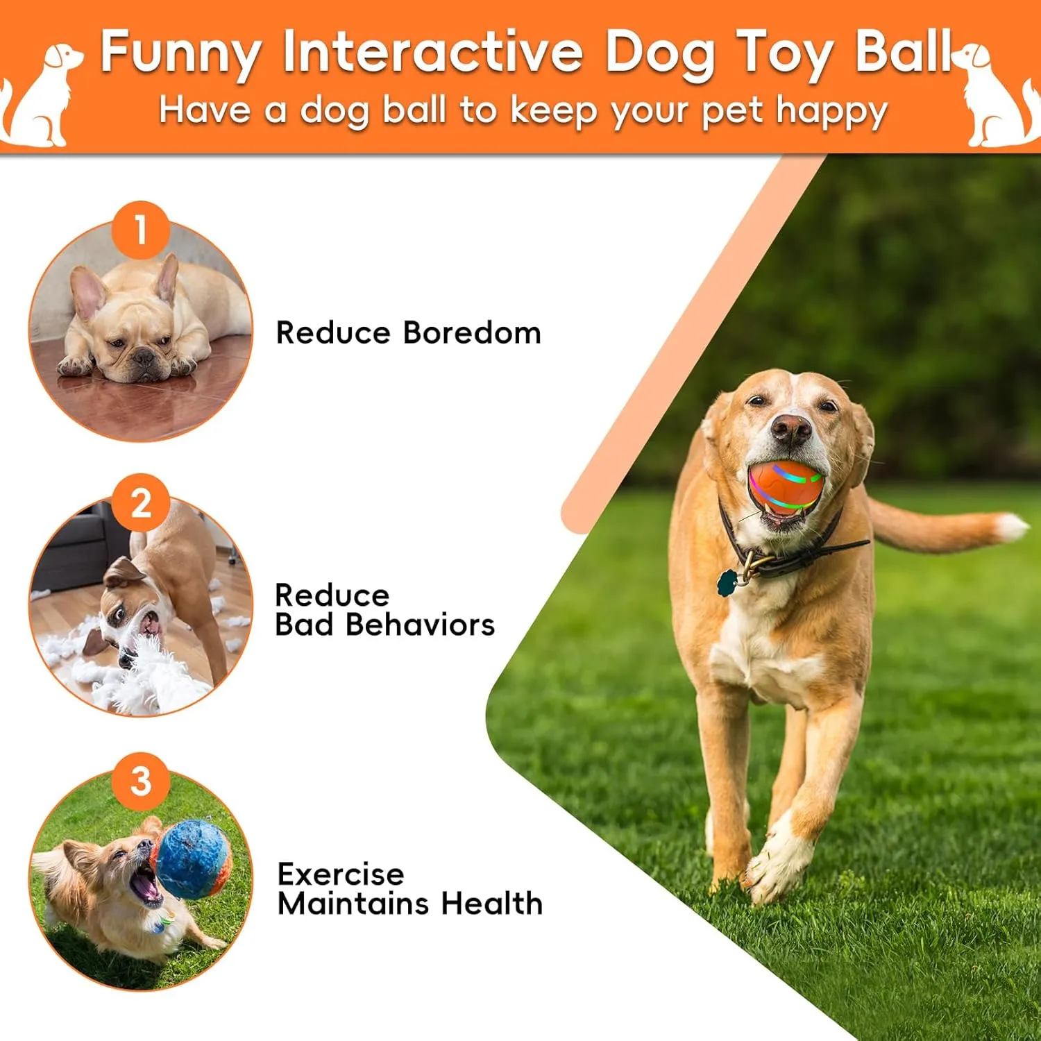 Interactive Dog Ball, Smart Interactive Dog Toys for Medium Large Dogs, Safe Material, Automatic Moving Vibrating Bouncing Ball for Pets, Rechargeable and Waterproof