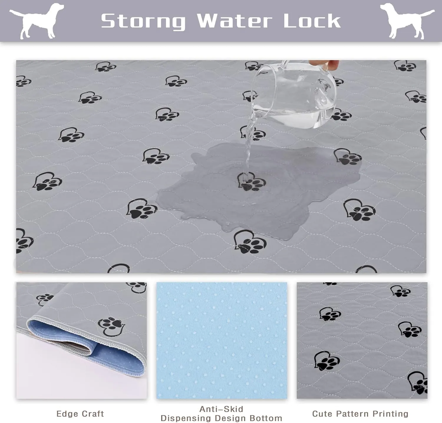 KAWALA Washable Pee Pads for Dogs Reusable Puppy Potty Training Pads Non-Slip Whelping Pads Waterproof Fast Absorption Housebreaking Pads Food Bowl Mats Free Grooming Gloves (31"*36"(2PACK), Grey)