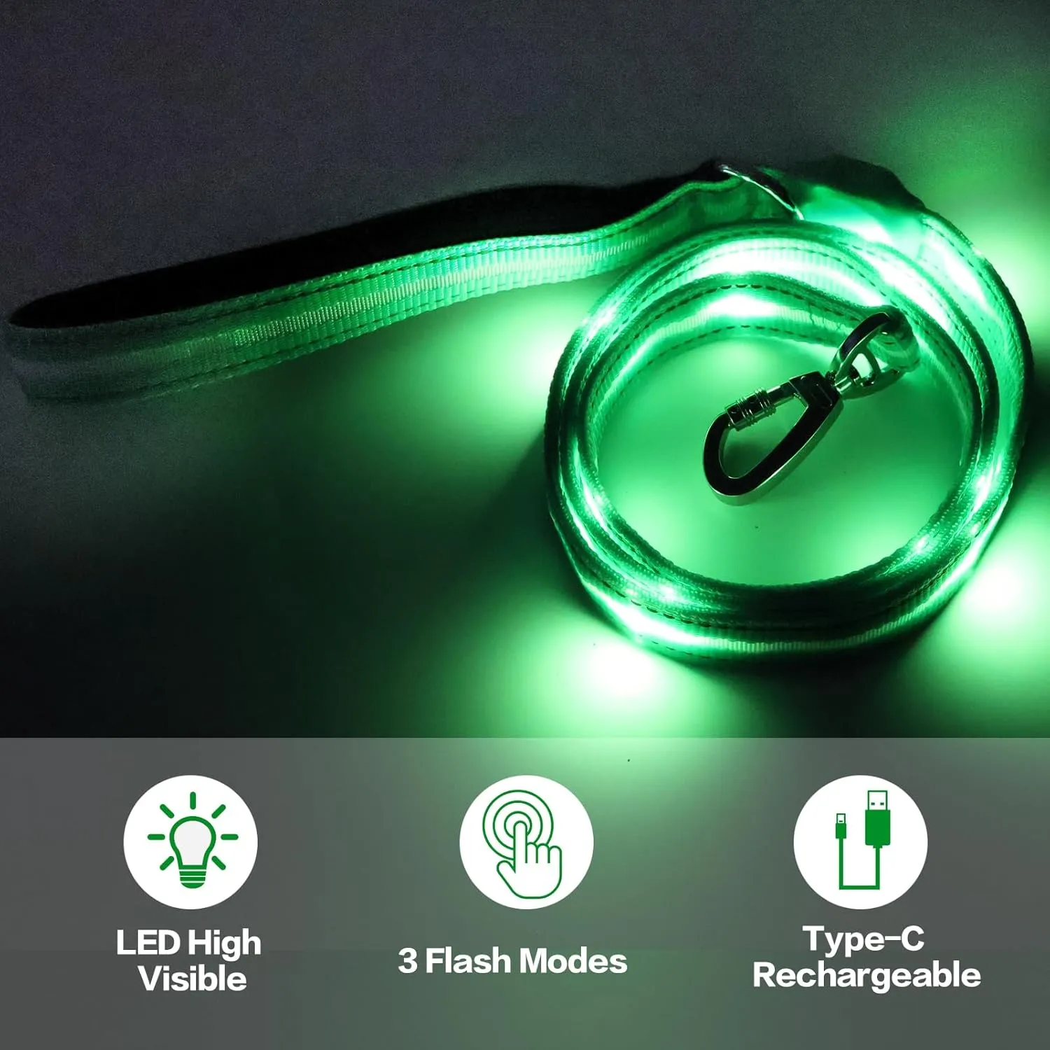 LED Light Up Dog Leash, 5 Ft Rechargeable Lighted Glowing Dog Leash with 3 Flash Modes Night Walking Safety, Nylon Waterproof Reflective Leashes with Padded Handle for Small Medium Large Pet