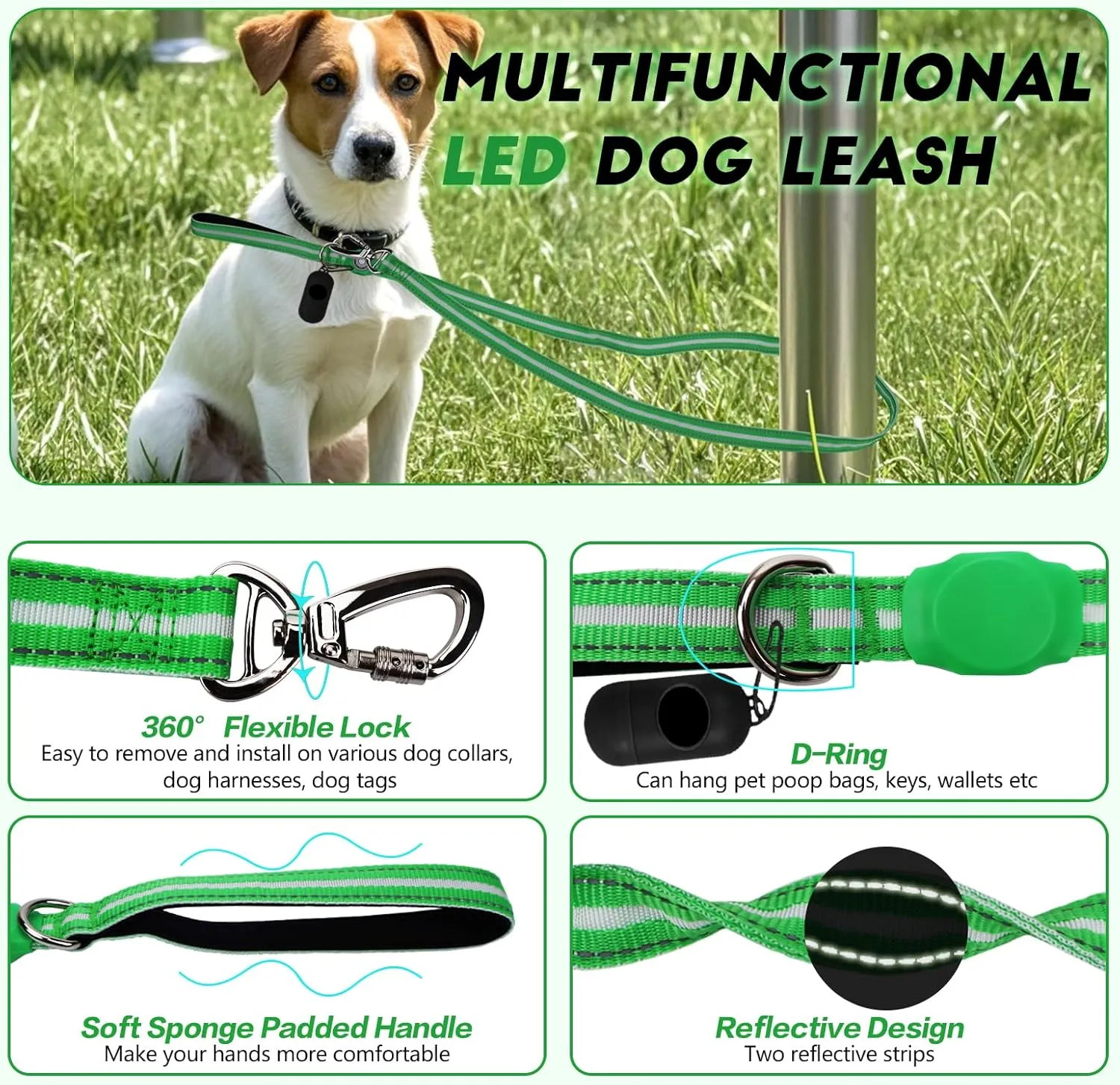 LED Light Up Dog Leash, 5 Ft Rechargeable Lighted Glowing Dog Leash with 3 Flash Modes Night Walking Safety, Nylon Waterproof Reflective Leashes with Padded Handle for Small Medium Large Pet