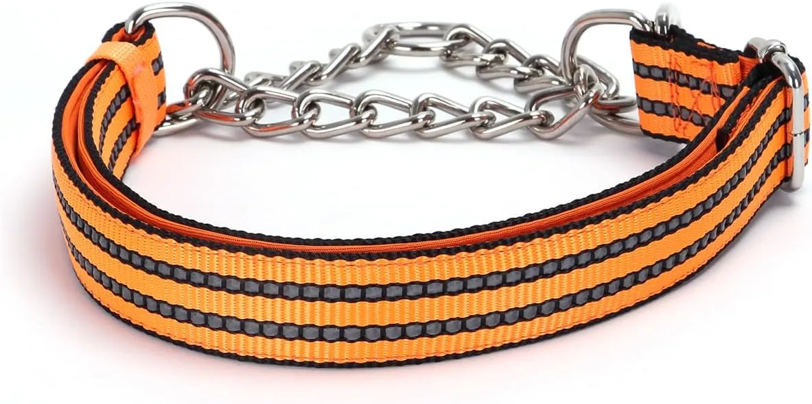 Martingale Collar for Large Dogs, Male Reflective Nylon Dog Chain Collar Escape Proof Heavy Duty Dog Collar with Stainless Steel Chain Adjustable for Medium Large Dogs Orange