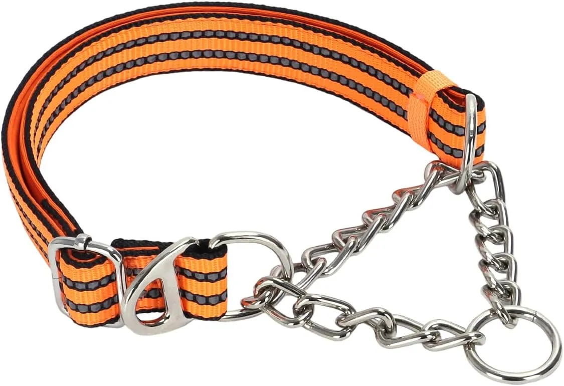 Martingale Collar for Large Dogs, Male Reflective Nylon Dog Chain Collar Escape Proof Heavy Duty Dog Collar with Stainless Steel Chain Adjustable for Medium Large Dogs Orange