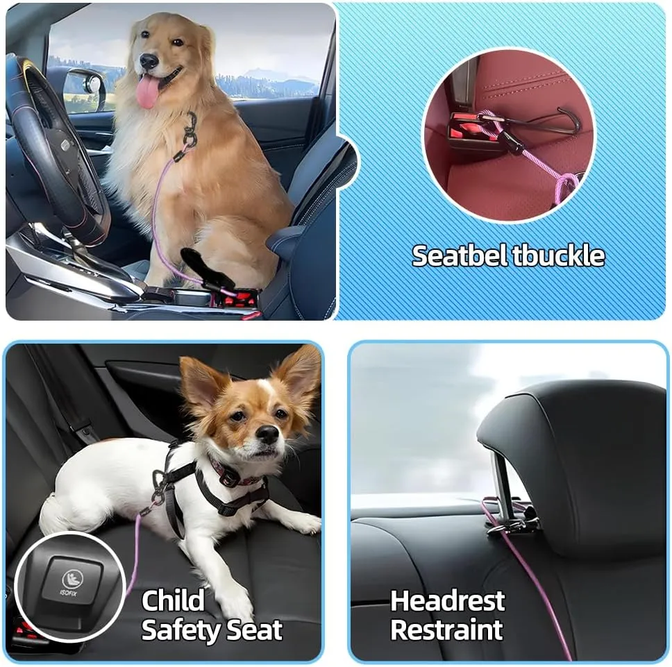 MiaoChuai 3-in-1 Dog Car Seat Belt Harness | Chew-Proof Steel Cable Leash with Heavy-Duty Buckle & Clip | Car Safety Restraint for Small, Medium, Large Dogs (Purple, 24 inch/60 CM)